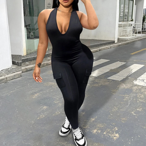 Baddie On The Go Halter Top Cargo Jumpsuit
